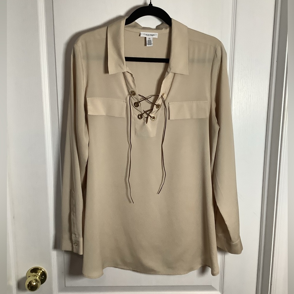 Calvin Klein cross tie front V neck tunic blouse